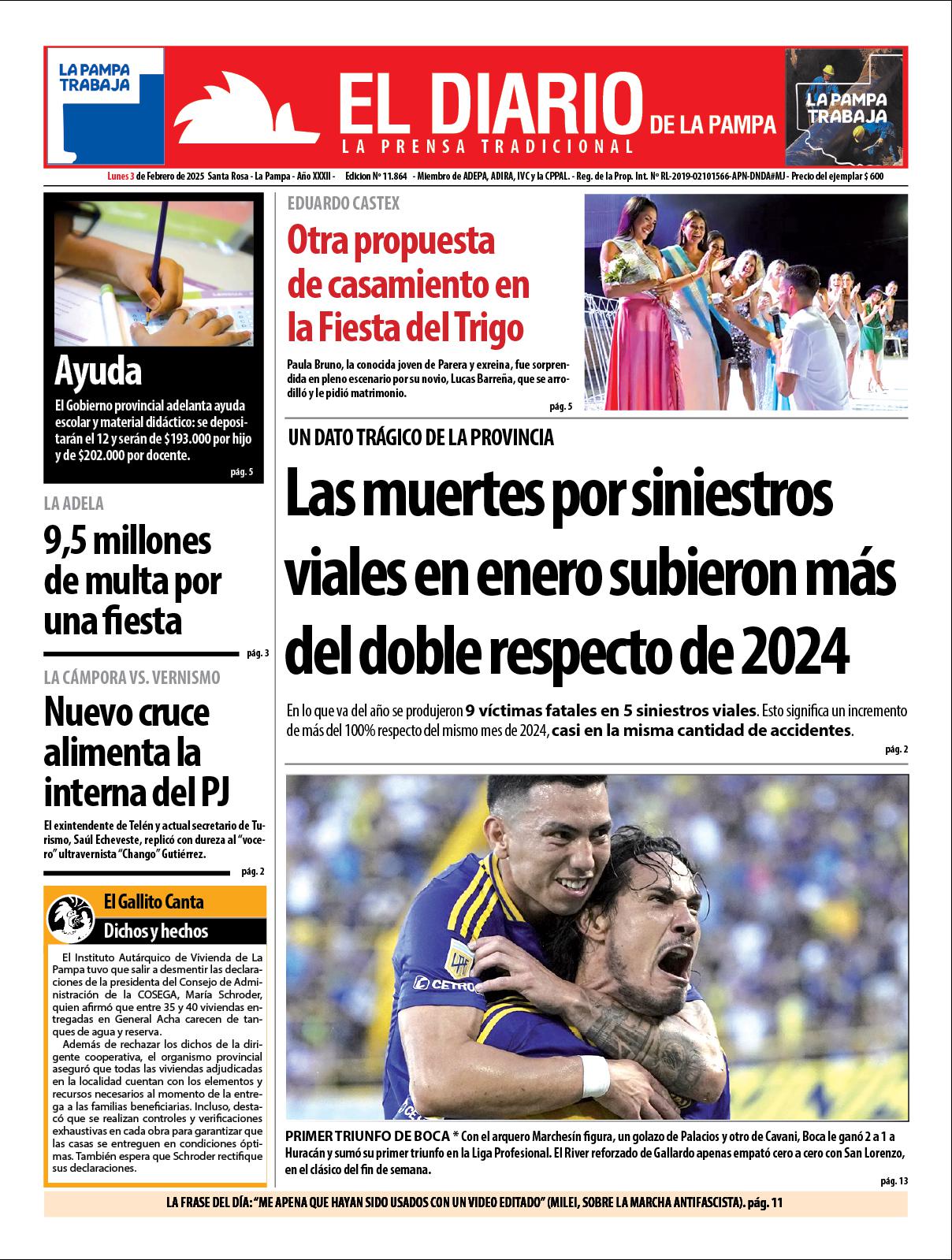 Tapa de El Diario en papel  lunes 03 de febrero de 2025